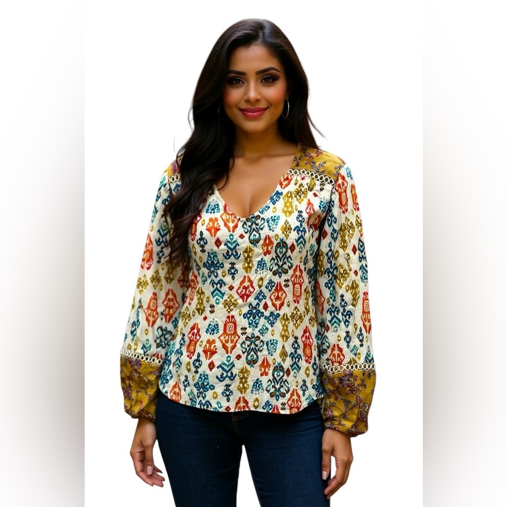 Farmers Market Multicolor Bohemian Print Top Crochet Detail Casual Size XL